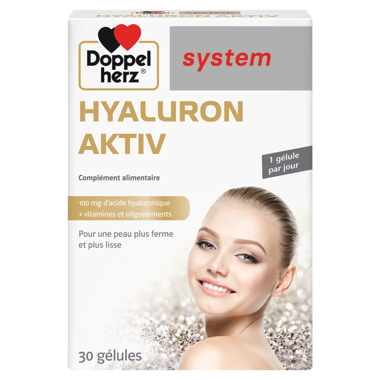 Illustration of the product packaging Doppelherz system HYALURON AKTIV front view